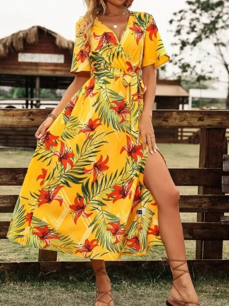 Lucille - Sukienka plażowa z nadrukiem i dekoltem w serek