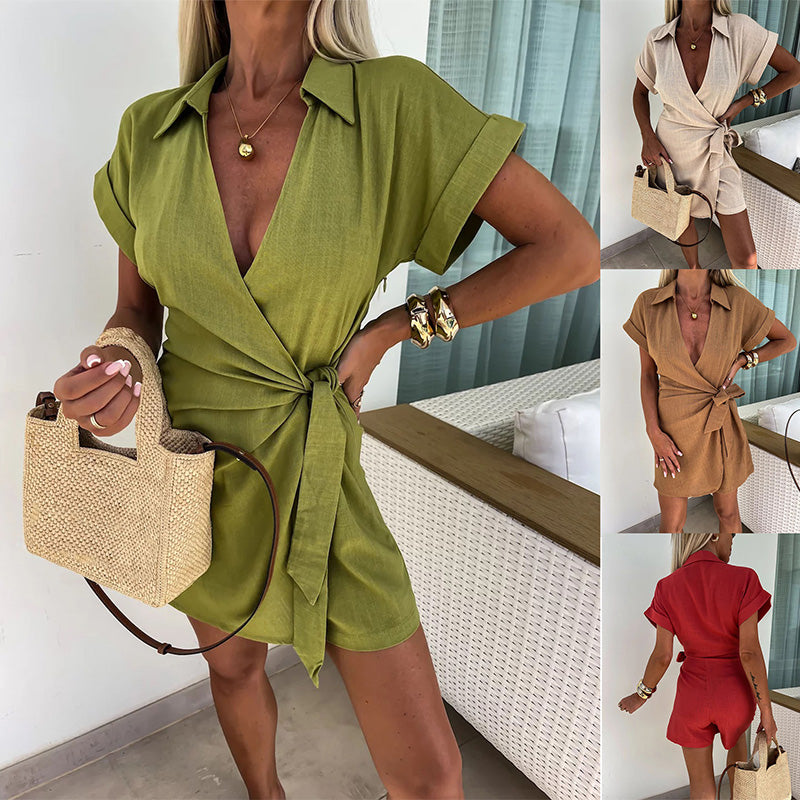 Melania | Lniany romper z bawełny z kobiecym dekoltem V